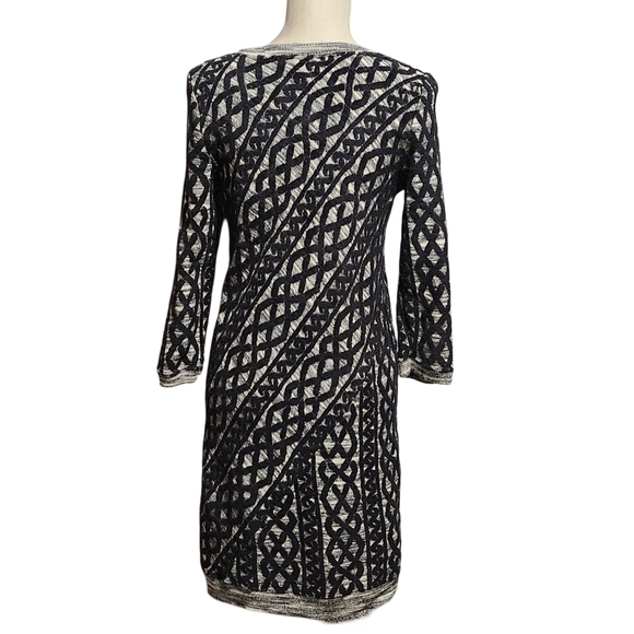 ANTHROPOLOGIE MOTH Black White Wool Blend 3/4 Sleeve Geometric Midi Dress Medium - Picture 7 of 16